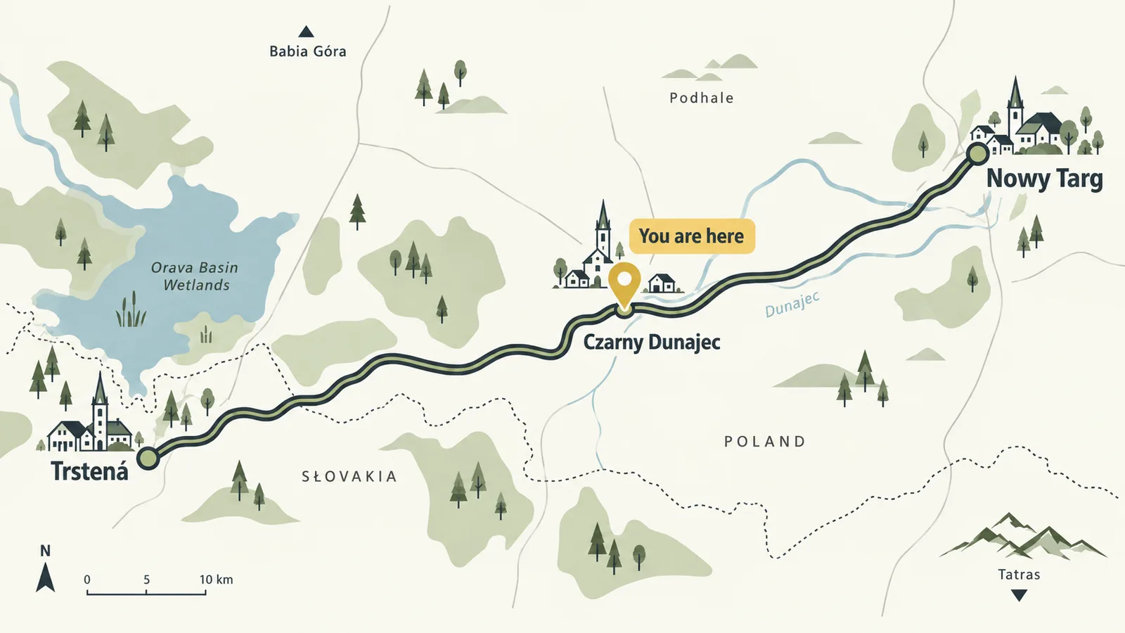 Map of the cycle route from Nowy Targ to Trstená through Czarny Dunajec, with Stacja marked halfway