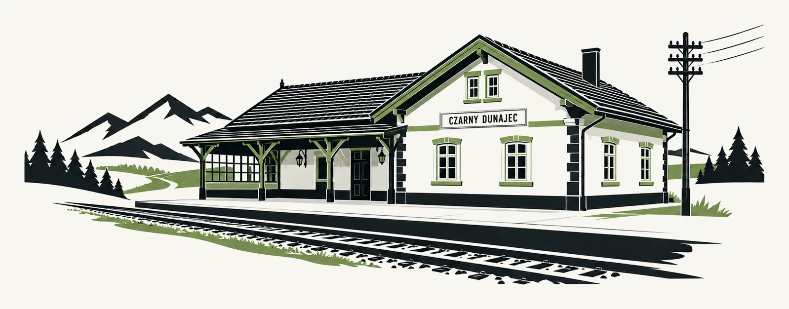 Ilustracja dawnej stacji kolejowej Czarny Dunajec z peronem, torami i Tatrami w tle