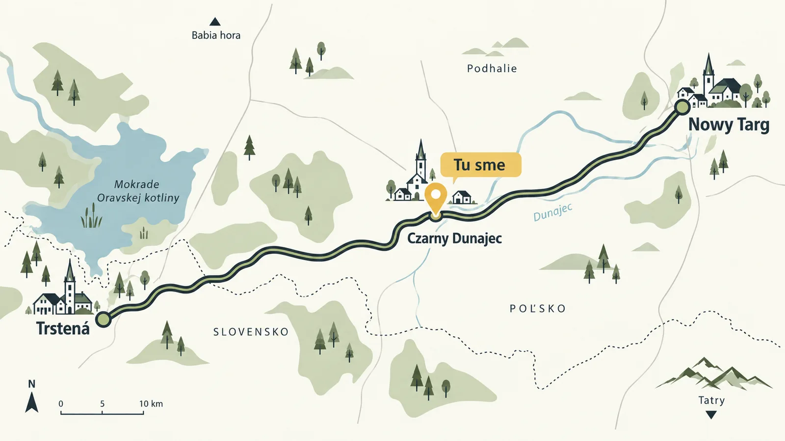 Mapa cyklotrasy Trstená do Nowého Targu cez Czarny Dunajec, so Stacjou vyznačenou v strede trasy