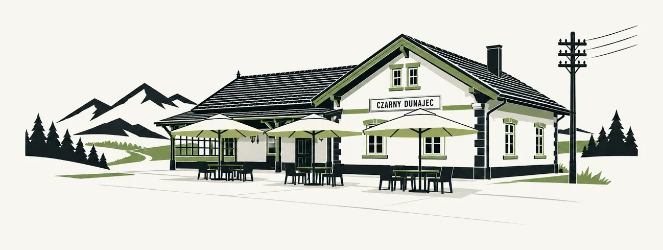 Ilustracja restauracji Stacja Czarny Dunajec w dawnym budynku stacji kolejowej, z tarasem przy ścieżce rowerowej